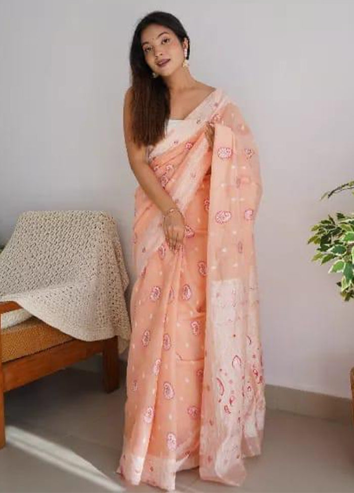 Peach Cotton Saree With Blouse Piece New Online