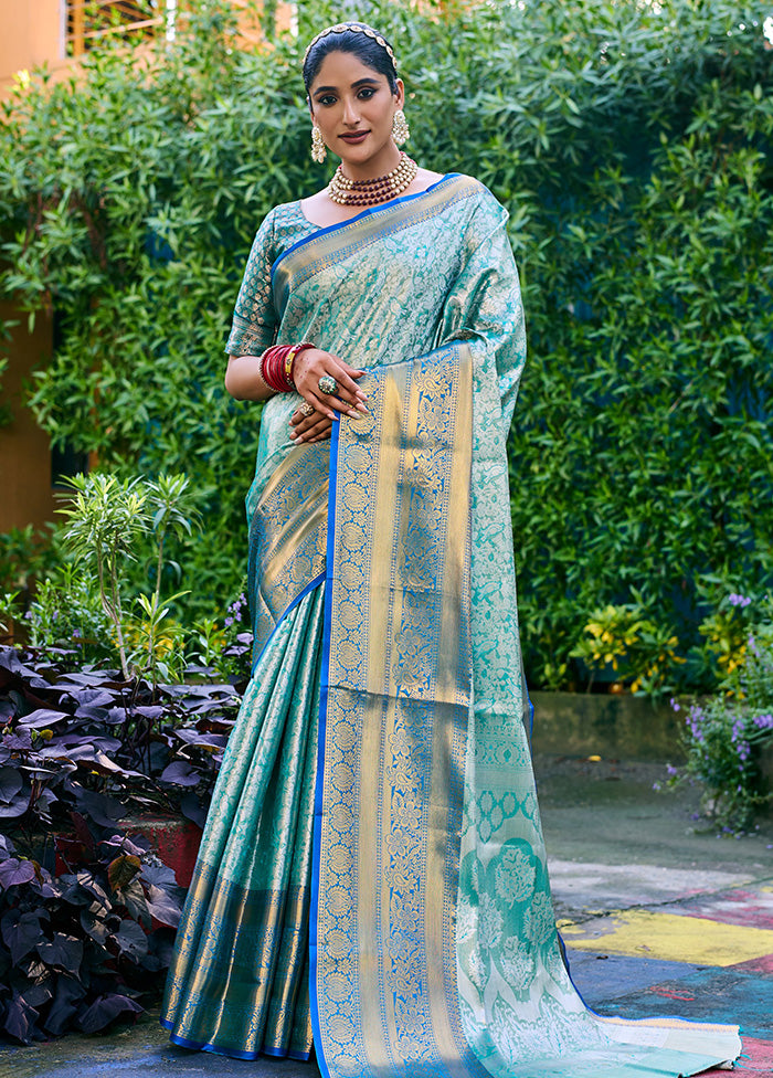 Turquoise Banarasi Silk Saree With Blouse Piece Enjoy Cheap Pice