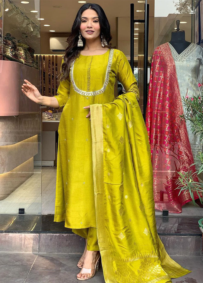 3 Pc Yellow Readymade Viscose Dupatta Suit Set Pay With Paypal For Sale