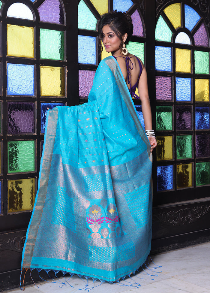 Sky Blue Pure Cotton Saree With Blouse Piece Shop For