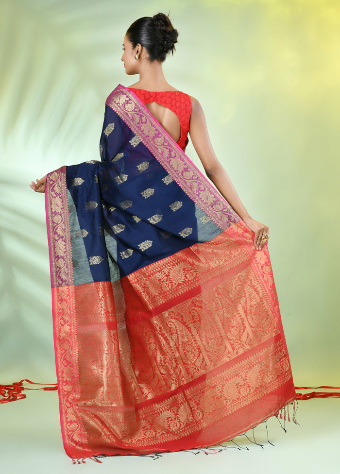 Navy Blue Pure Cotton Saree With Blouse Piece Cheap Sale From China