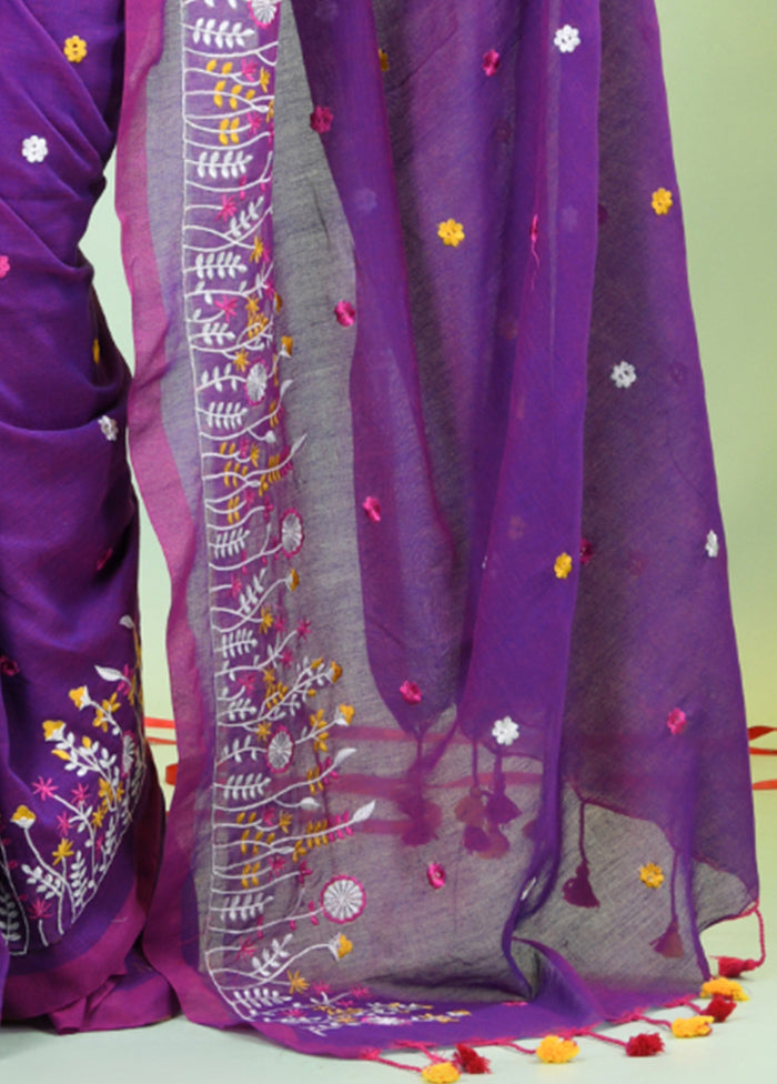 Violet Cotton Saree With Blouse Piece Clearance Amazing Pice