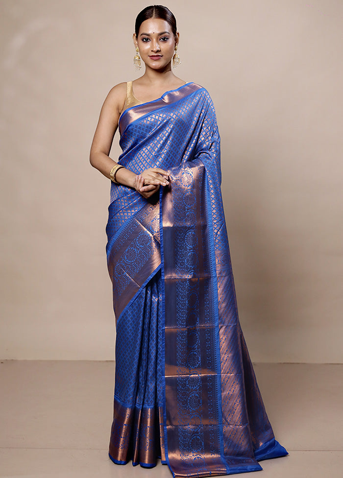 Blue Kanjivaram Silk Saree With Blouse Piece Clearance Huge Surprise