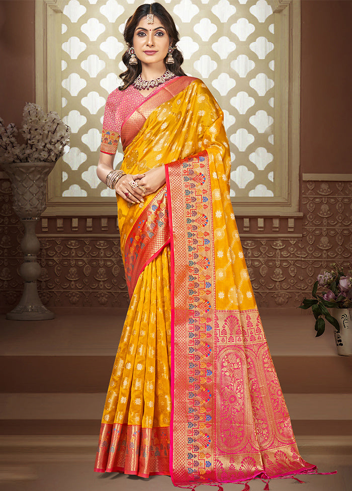 Yellow Dupion Silk Saree With Blouse Piece 100% Original Online