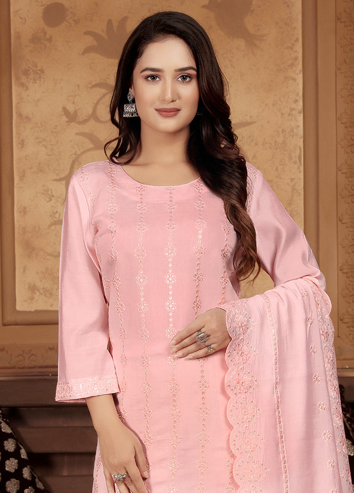 3 Pc Peach Readymade Chanderi Suit Set For Cheap Pice