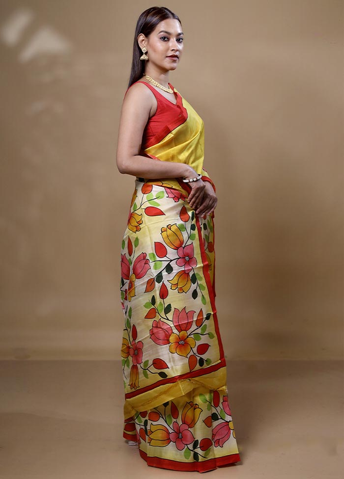 Yellow Printed Pure Silk Saree Without Blouse Piece Sale Wiki