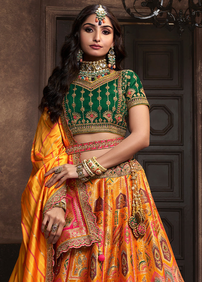 3 Pc Yellow Silk Semi Stitched Lehenga Set Cheap Sale Collections