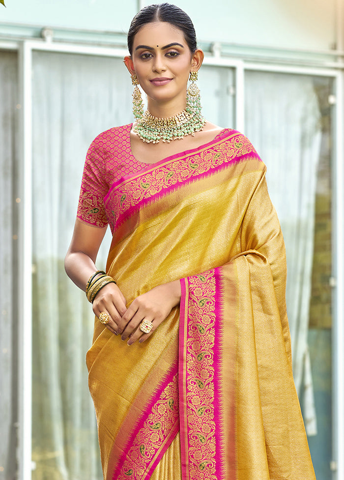 Yellow Dupion Silk Saree With Blouse Piece Cheap Sale Amazon