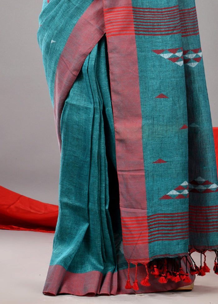 Teal Linen Silk Saree With Blouse Piece Limited Edition Cheap Pice