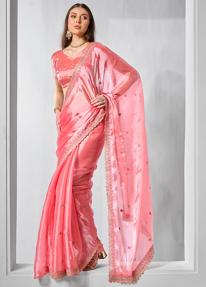 Coral Spun Silk Saree With Blouse Piece Great Deals Cheap Pice