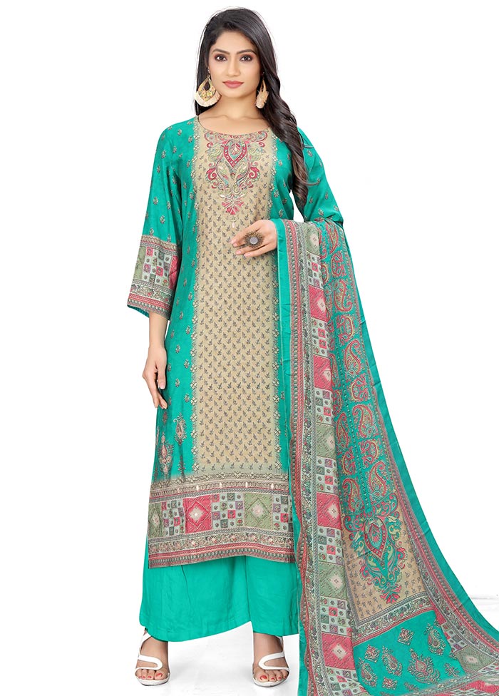 3 Pc Green Unstitched Silk Suit Set Cheap Wide Range Of