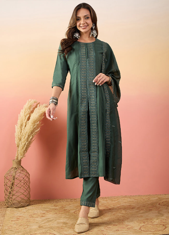 3 Pc Green Pure Readymade Silk Suit Set Buy Cheap Manchester Great Sale