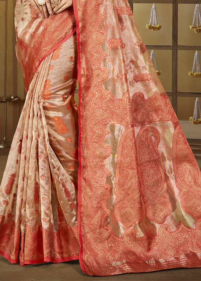 Peach Spun Silk Saree With Blouse Piece Sale Great Deals