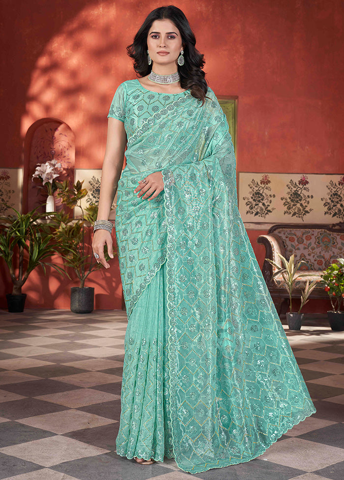 Sea Green Net Net Saree With Blouse Piece Cheap New Arrival