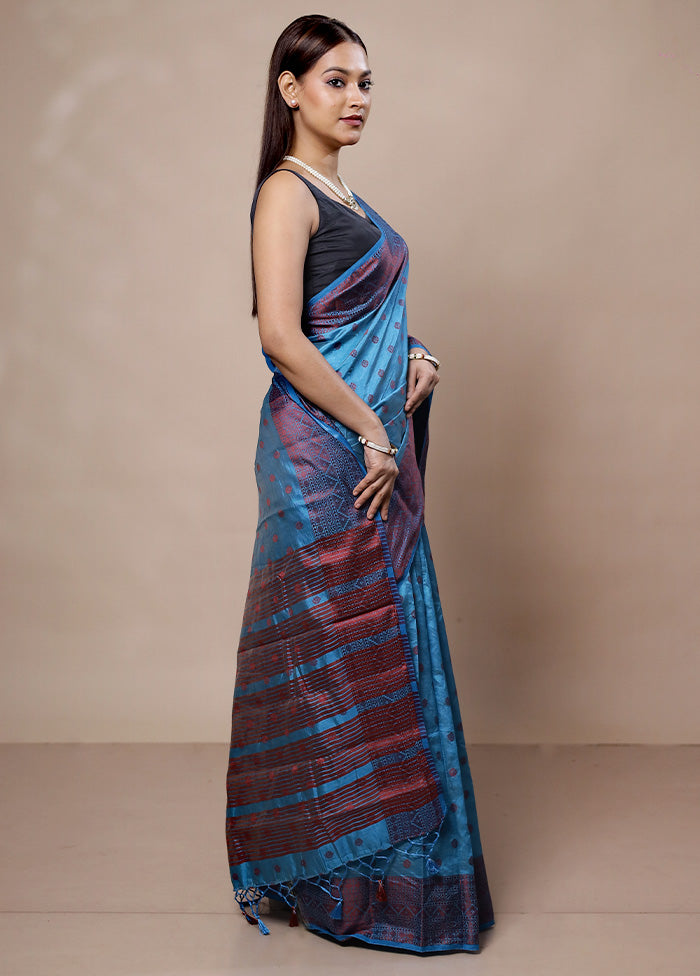 Blue Dupion Silk Saree With Blouse Piece Clearance Find Great