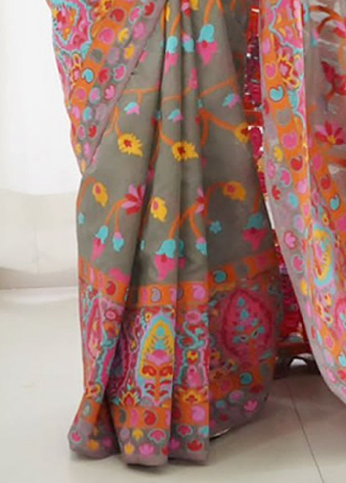 Grey Banarasi Silk Saree With Blouse Piece Cheap Excellent