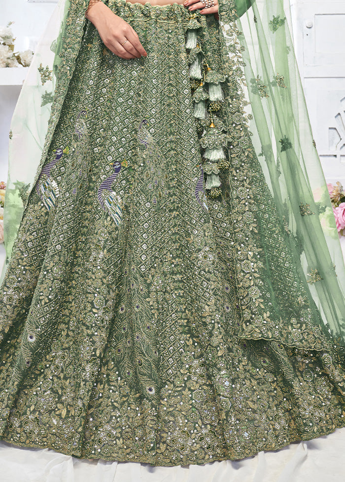 3 Pc Green Net Semi Stitched Lehenga Set Free Shipping The Cheapest