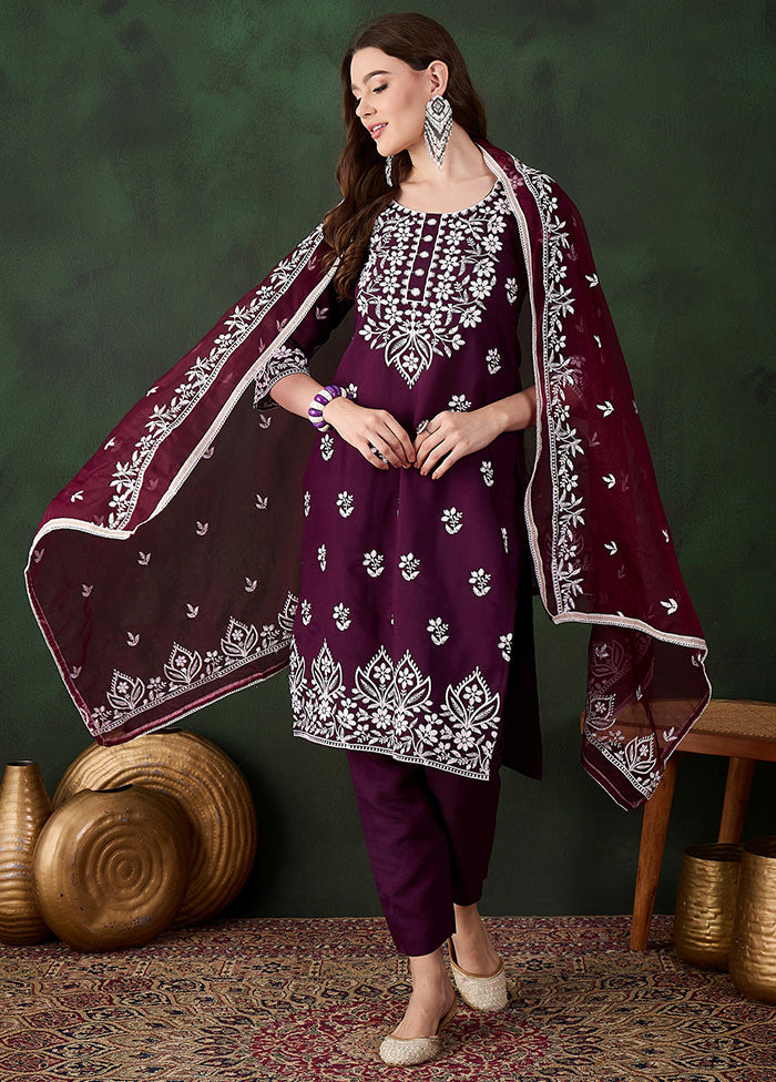 3 Pc Purple Readymade Silk Dupatta Suit Set Buy Cheap Fake