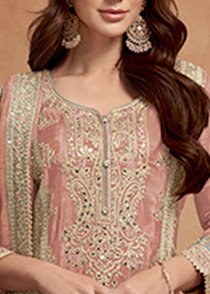 3 Pc Peach Semi Stitched Silk Suit Set Wholesale Pice Cheap Pice