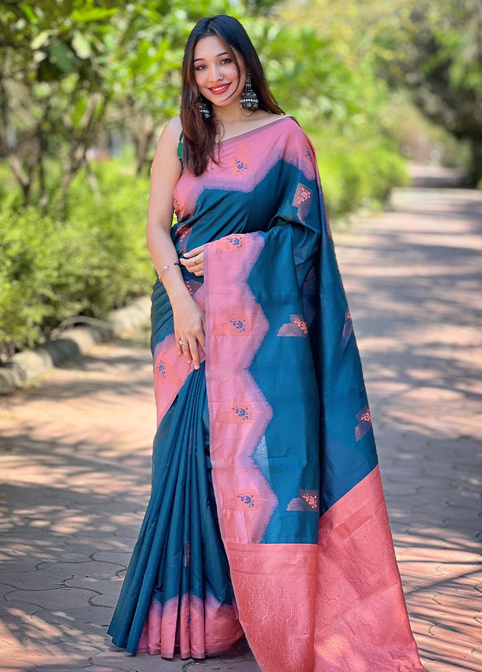 Blue Banarasi Silk Saree With Blouse Piece Discount Pay With Paypal