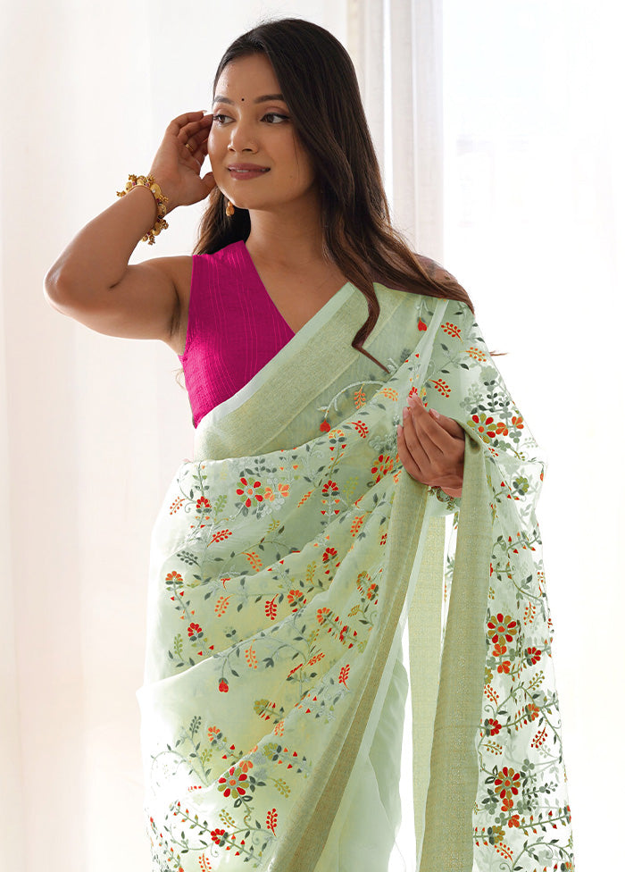 Pista Green Organza Saree With Blouse Piece Purchase For Sale