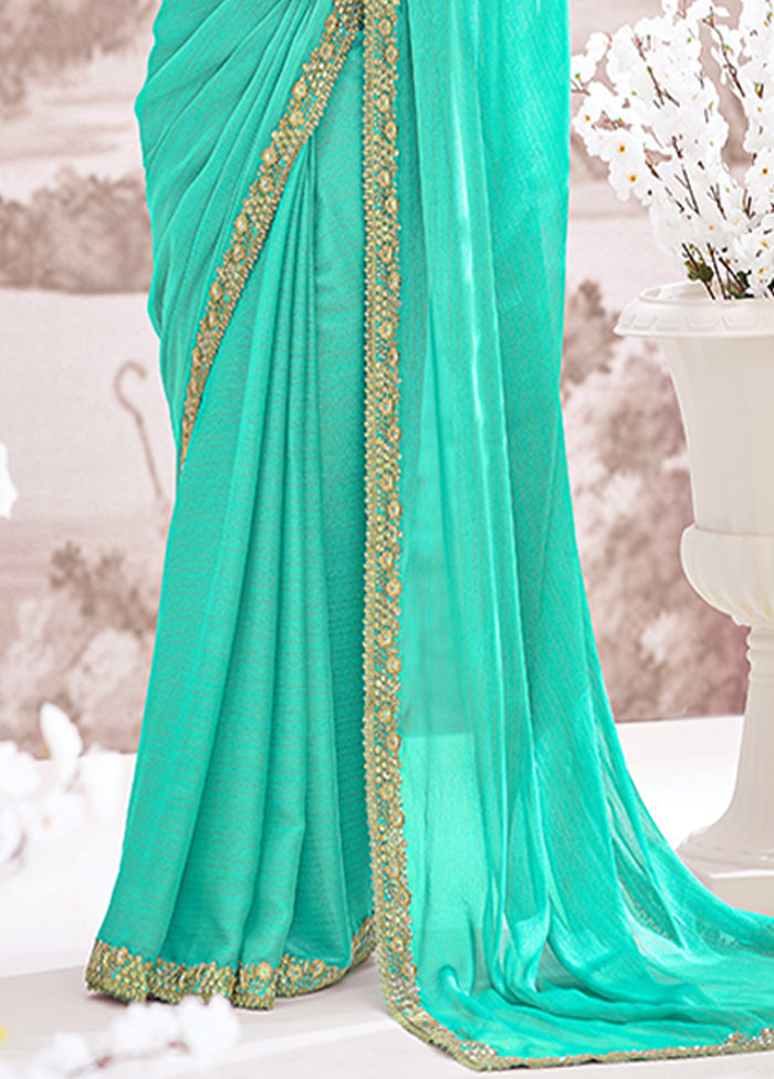 Turquoise Georgette Saree With Blouse Piece Clearance Supply