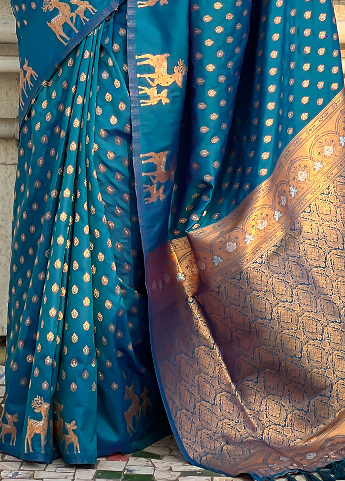 Blue Spun Silk Saree With Blouse Piece How Much Cheap Online