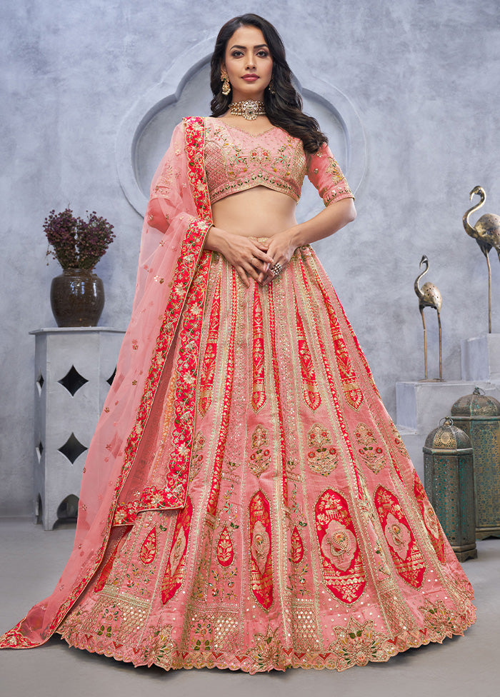 3 Pc Pink Silk Semi Stitched Lehenga Set Excellent