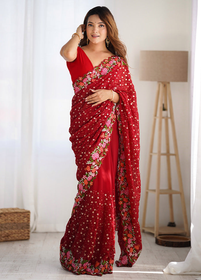 Maroon Georgette Saree With Blouse Piece View For Sale