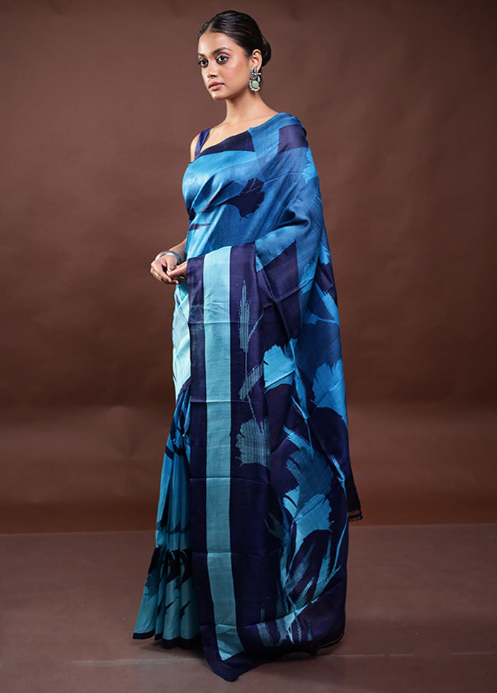 Blue Printed Pure Silk Saree Without Blouse Piece Discount Recommend