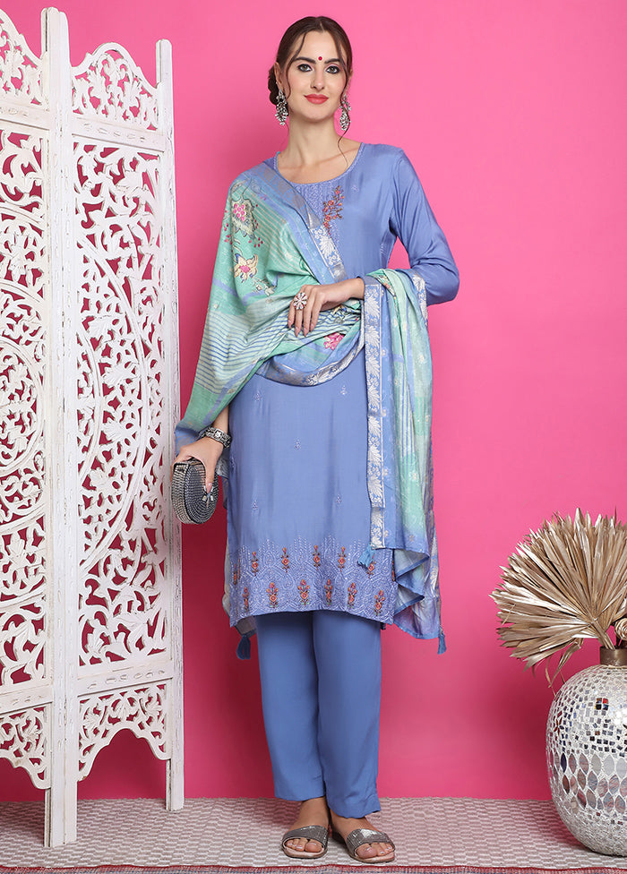 3 Pc Blue Unstitched Silk Suit Set Wide Range Of Online