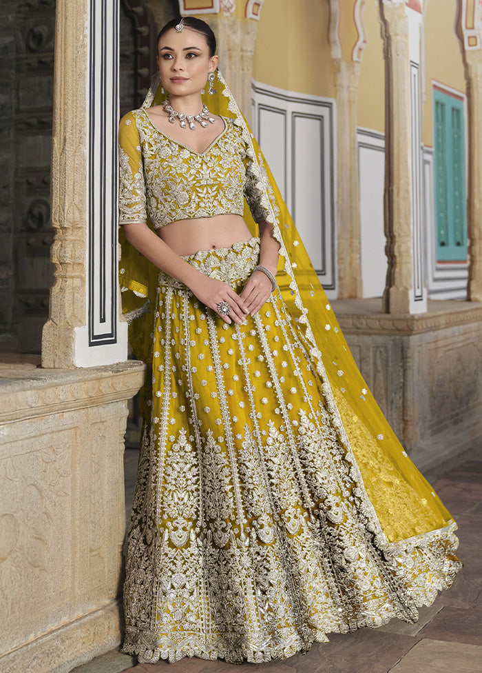 3 Pc Yellow Net Semi Stitched Lehenga Set Sale 2025 Unisex