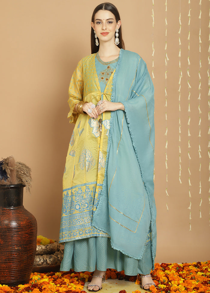 3 Pc Yellow Unstitched Chanderi Suit Set Collections