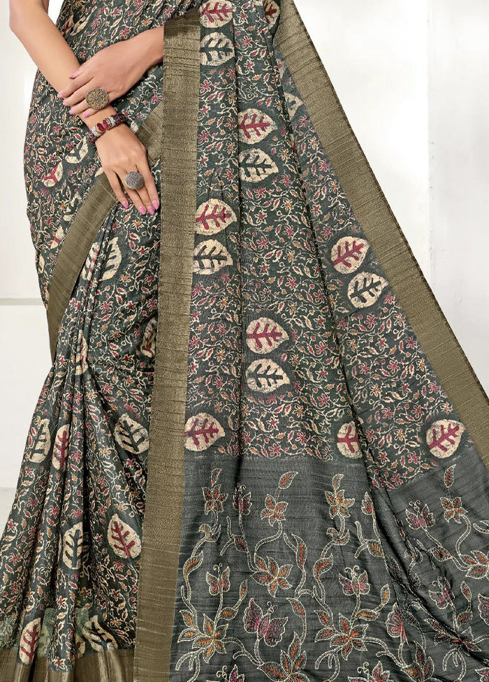 Grey Spun Silk Saree With Blouse Piece Pictures Cheap Pice