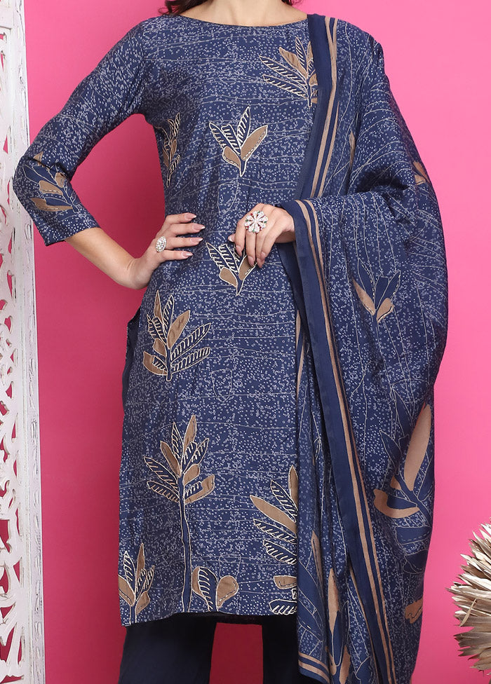 3 Pc Navy Blue Unstitched Silk Suit Set Buy Cheap Best Pices