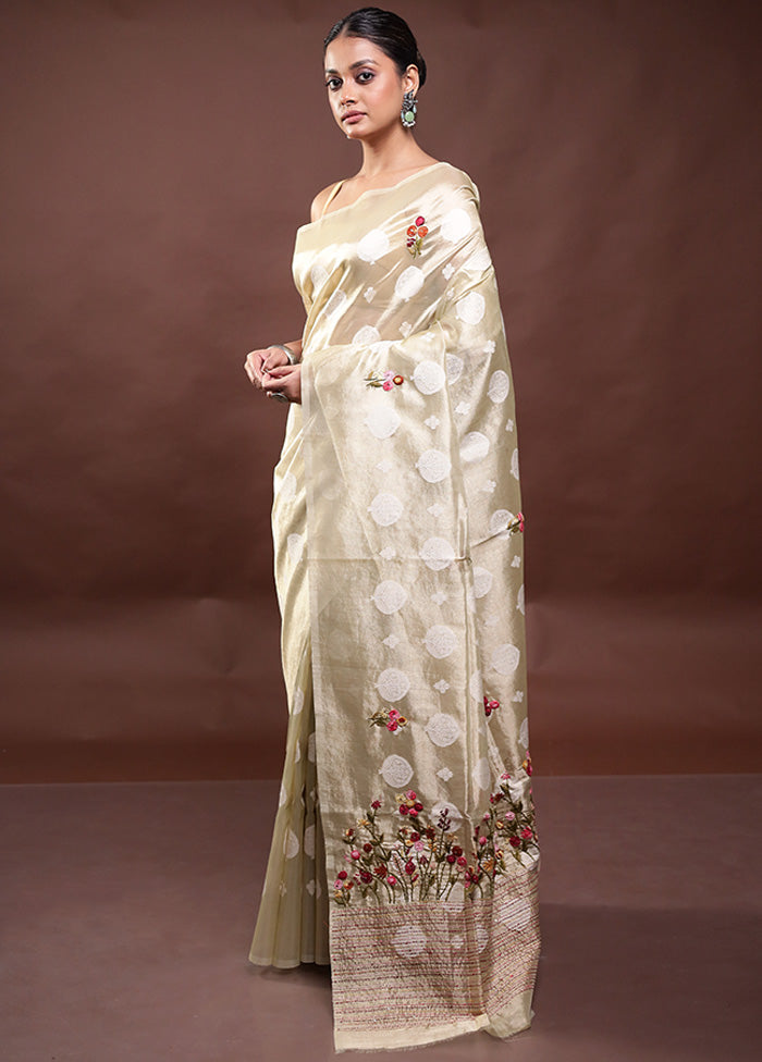 Cream Tissue Silk Saree With Blouse Piece Clearance Store For Sale