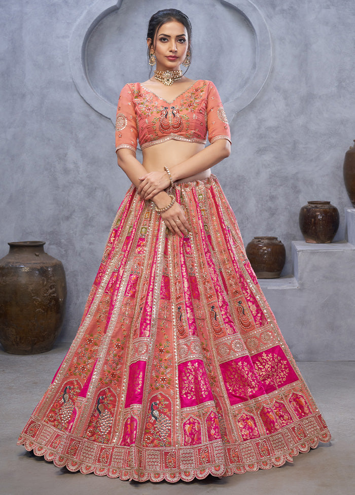 3 Pc Pink Silk Semi Stitched Lehenga Set Sast Sale Online