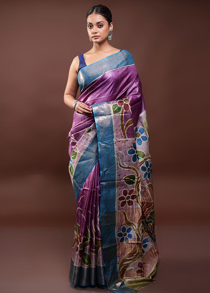 Purple Handloom Tussar Pure Silk Saree With Blouse Piece Explore Cheap Pice