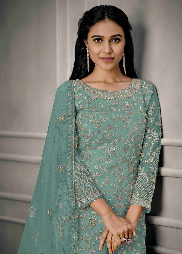 3 Pc Sea Green Semi Stitched Net Suit Set With Credit Card For Sale