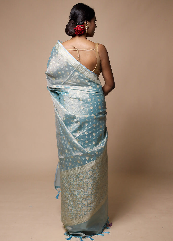 Blue Tissue Silk Saree With Blouse Piece Discount 2025 New