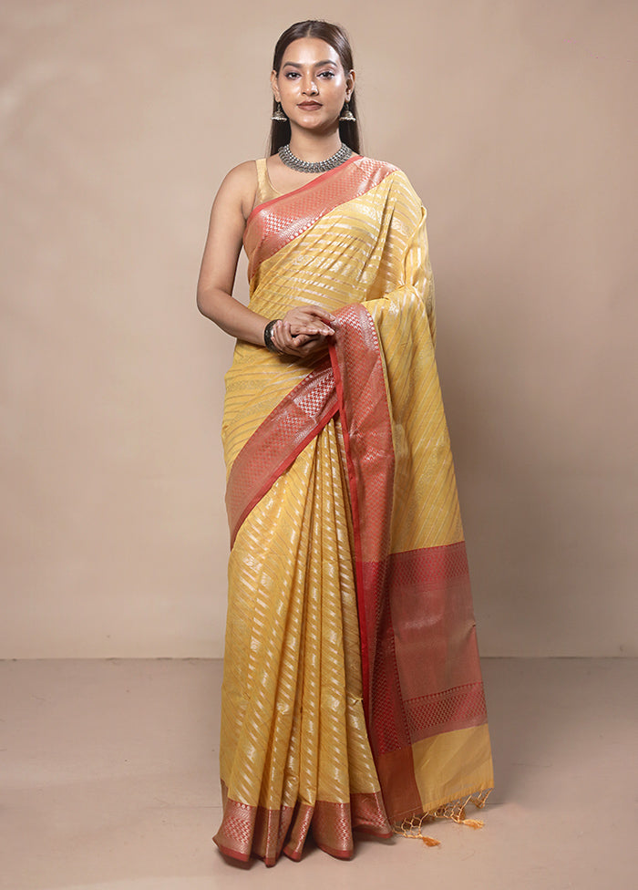 Yellow Kora Silk Saree With Blouse Piece Cheap Sale