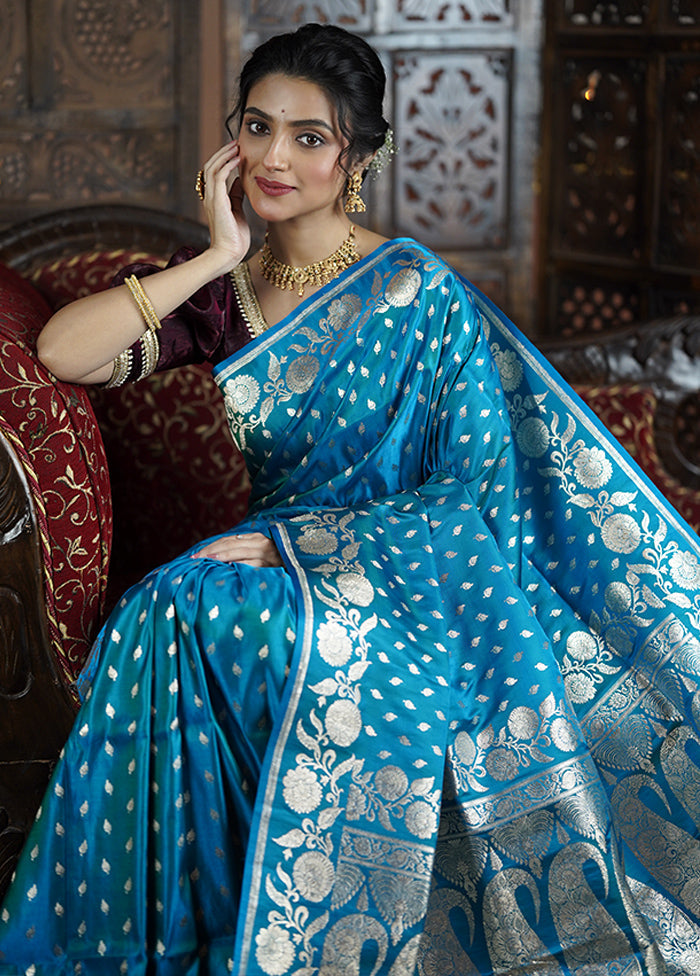 Blue Handloom Banarasi Pure Silk Saree With Blouse Piece Cheap For Cheap