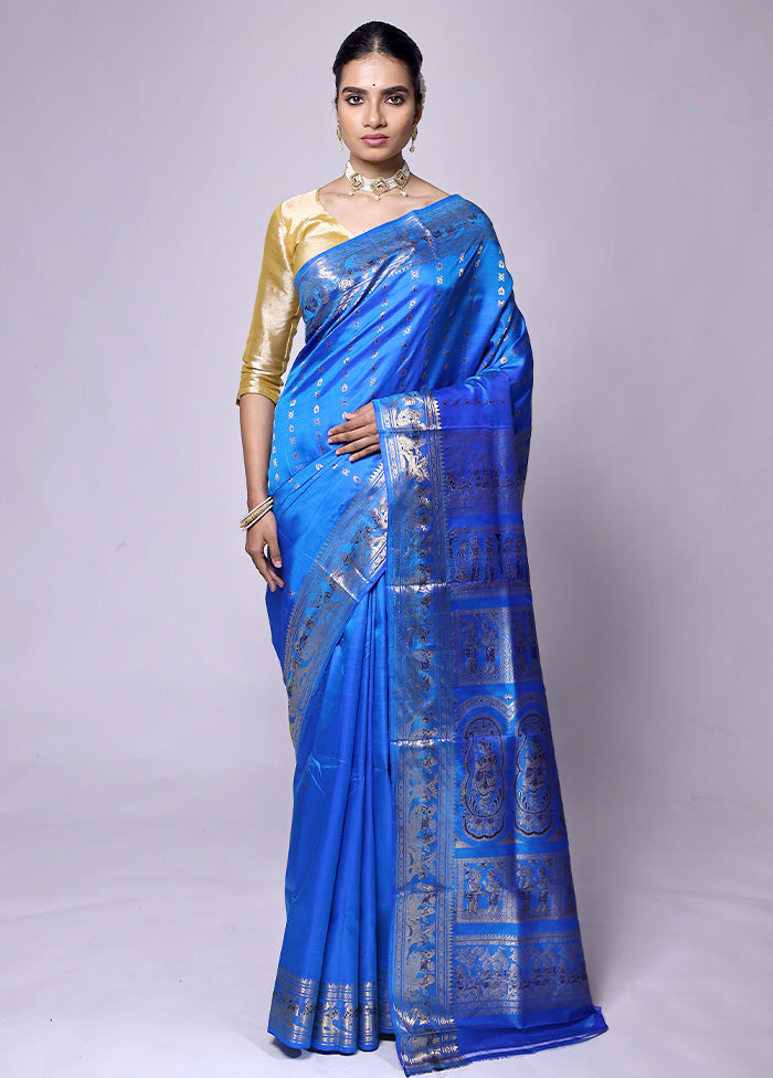 Blue Handloom Baluchari Pure Silk Saree With Blouse Piece Free Shipping Manchester