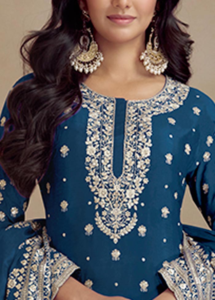 3 Pc Teal Blue Semi Stitched Silk Suit Set Discounts