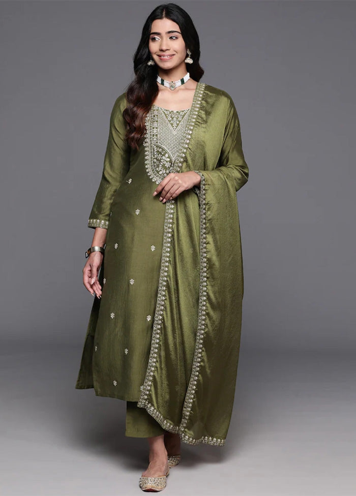 3 Pc Green Readymade Chanderi Dupatta Suit Set Cheap Perfect