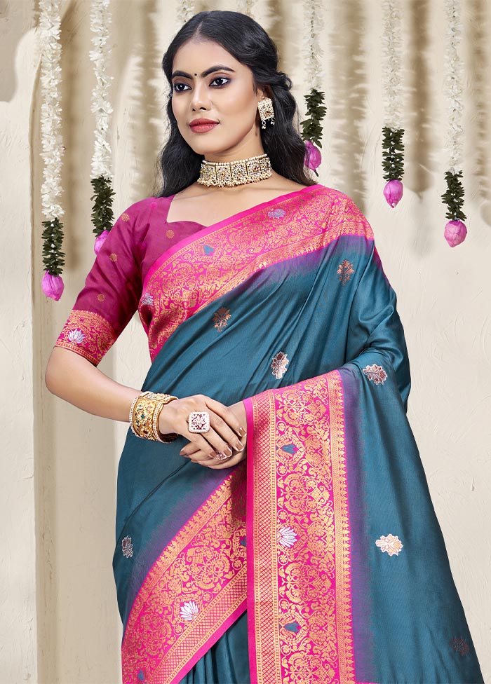 Rama Dupion Silk Saree With Blouse Piece Free Shipping Popular