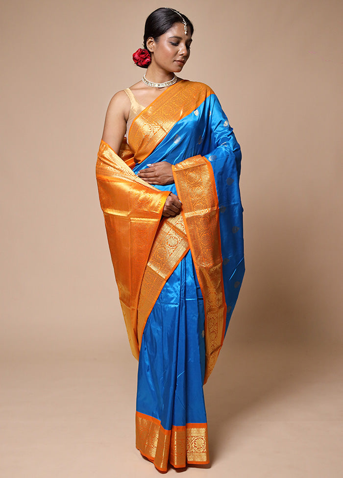 Blue Handloom Kanjivaram Pure Silk Saree With Blouse Piece Outlet Popular