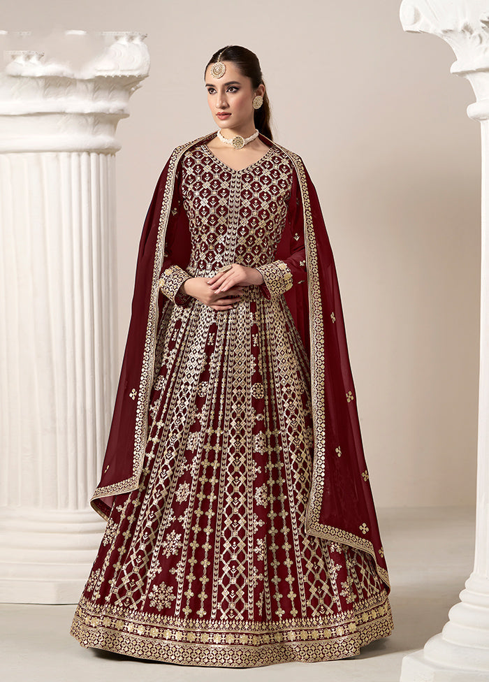 3 Pc Maroon Semi Stitched Georgette Suit Set New Online