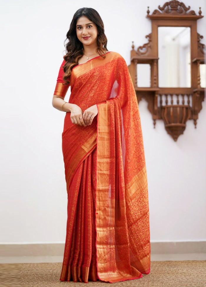 Red Banarasi Silk Saree With Blouse Piece Clearance 2025 New