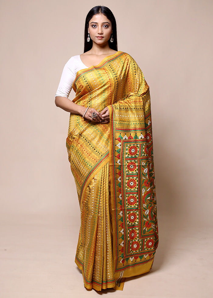 Yellow Handloom Kantha Stitch Pure Silk Saree With Blouse Piece Popular Cheap Online